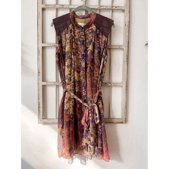 Hunter Bell Floral Chiffon Shirt Dress Leather Patchwork Mini - Picture 1 of 7